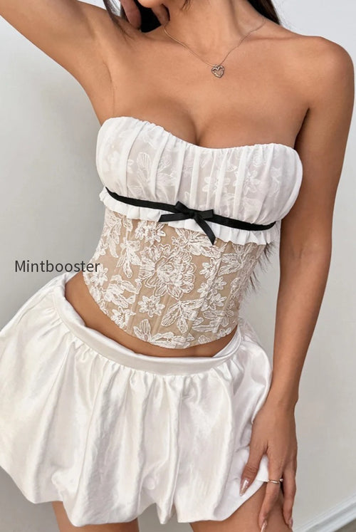 Sheer Lace Insert Boned Corset Crop Top Sexy Blouse