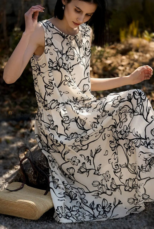 Linen Floral Sleeveless Midi Dress