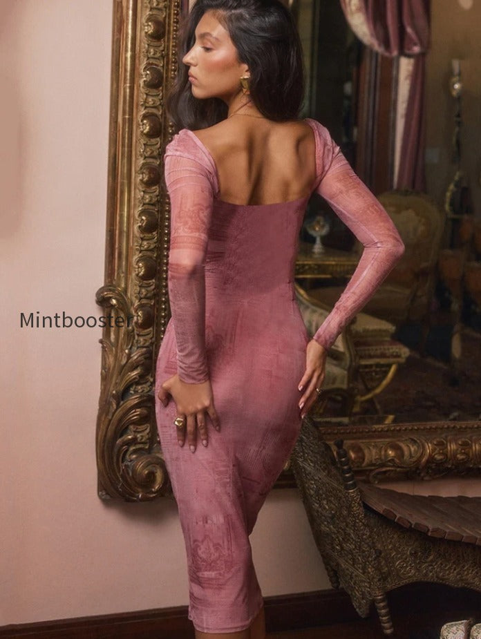 square-collar-long-sleeve-midi-dress