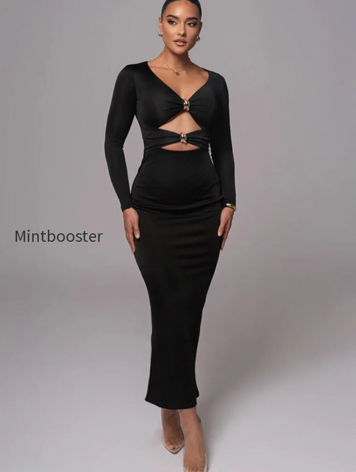 hollow-long-sleeve-bodycon-midi-dress