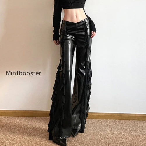 Gothic Zip Women Casual Flare Pants Faux PU Mesh Pants