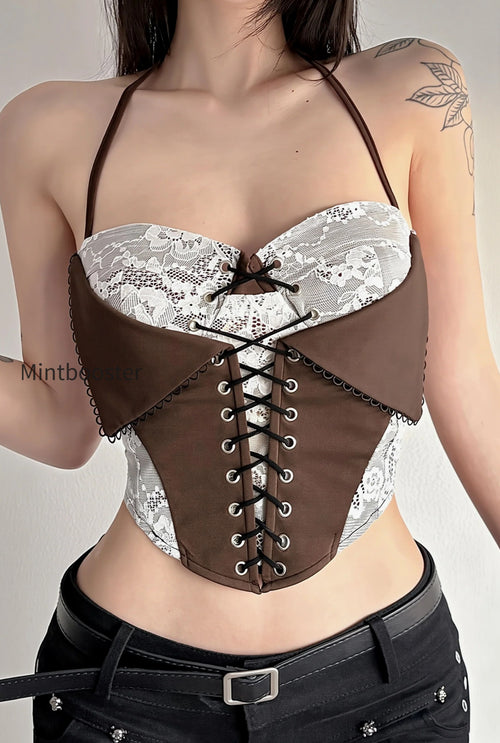 Chic Color Block Lace Insert Tie Waist Backless Halter Top