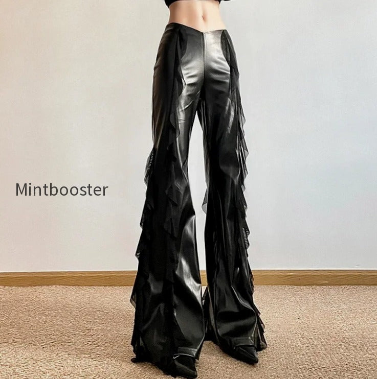 gothic-zip-women-casual-flare-pants-faux-pu-mesh-pants