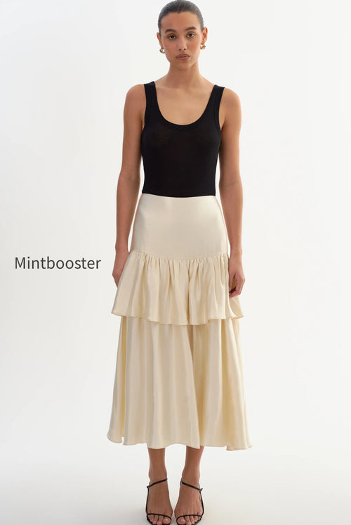 CHALINA | Ruffle Satin Midi Skirt